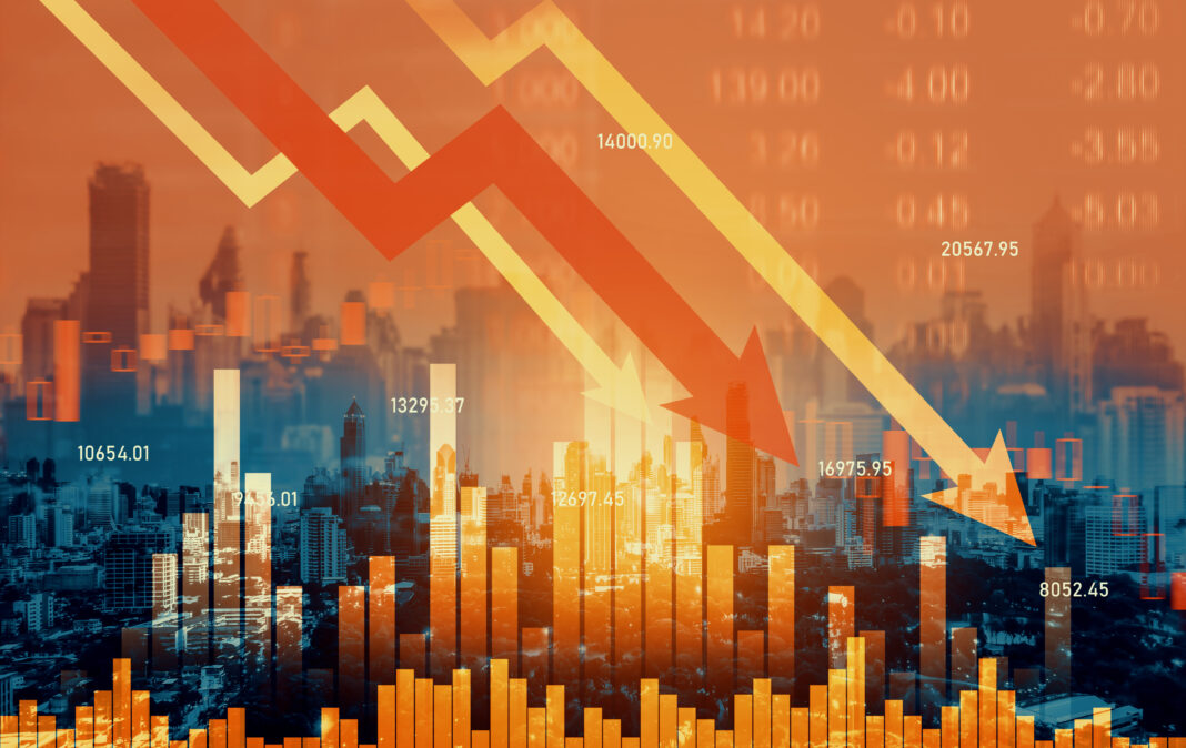Declining graphs and digital indicators overlap modernistic city background.