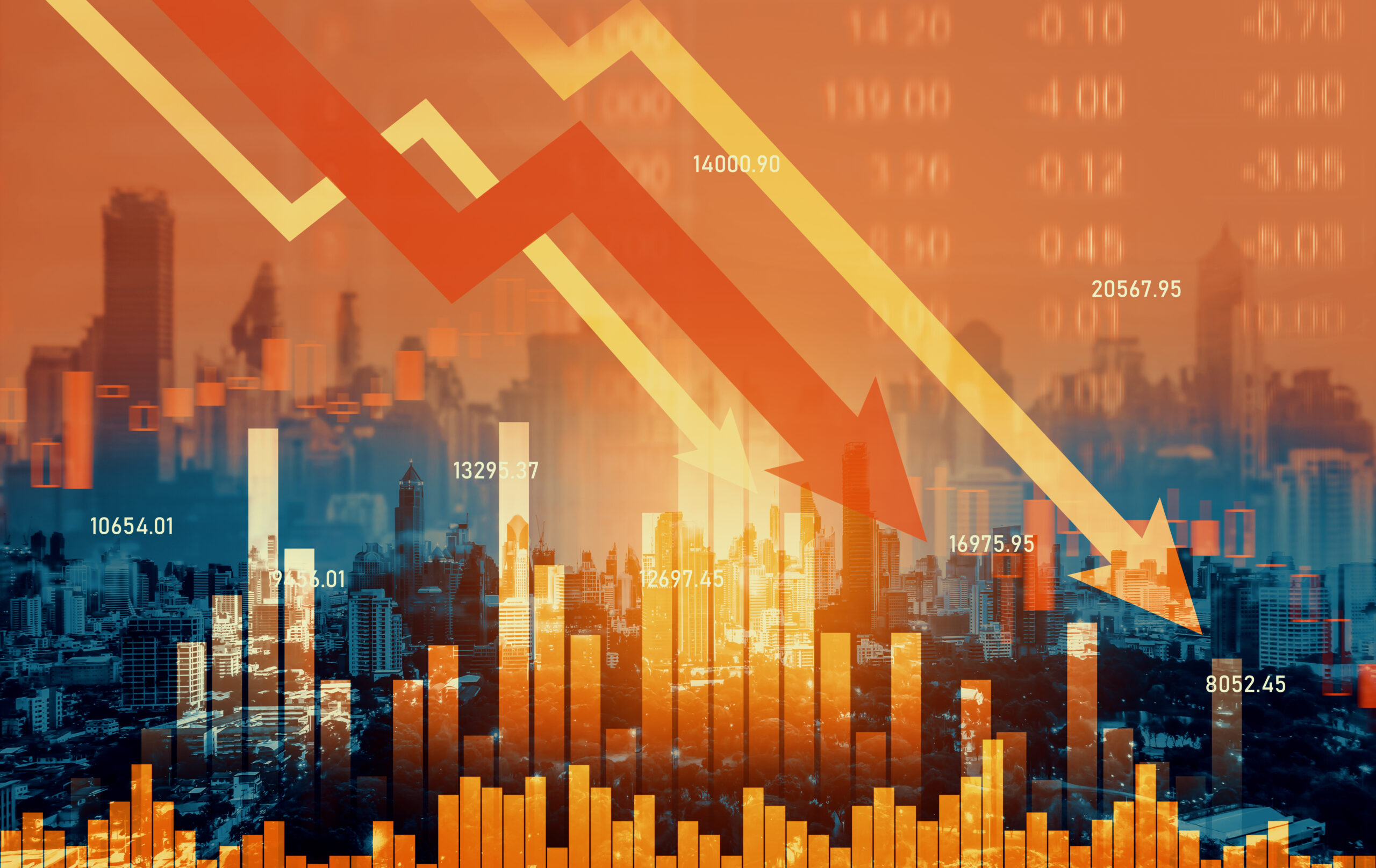 Declining graphs and digital indicators overlap modernistic city background.