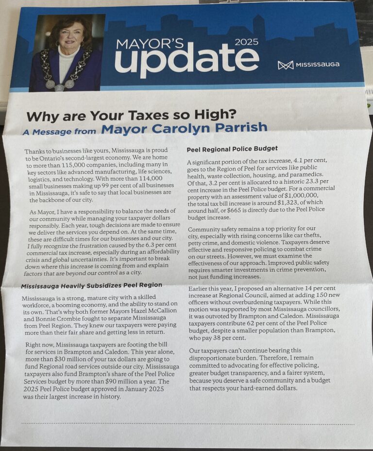 Mayor Parrish blames Brampton, Caledon for why “your taxes are so high”