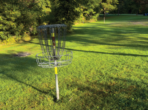 A disc golf basket at ET Seton Park. Disc Golf coming to Scarborough.