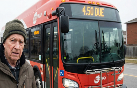 AI generated image of Seniors' MiWay Fares where senior is standing infront of MiWay bus