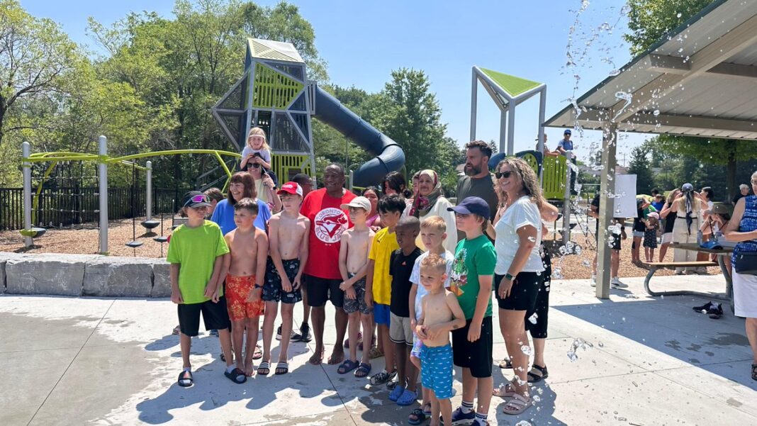 New Terraview Park splash pad officially launched image taken from Councillour Michael Thompson social media showing the launch of Terraview Park